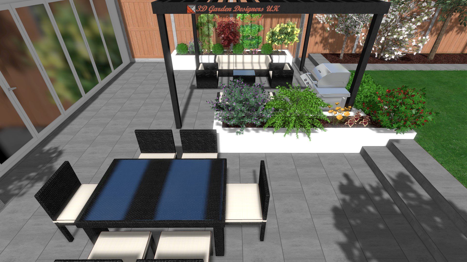 A computer generated image of a patio with a table and chairs