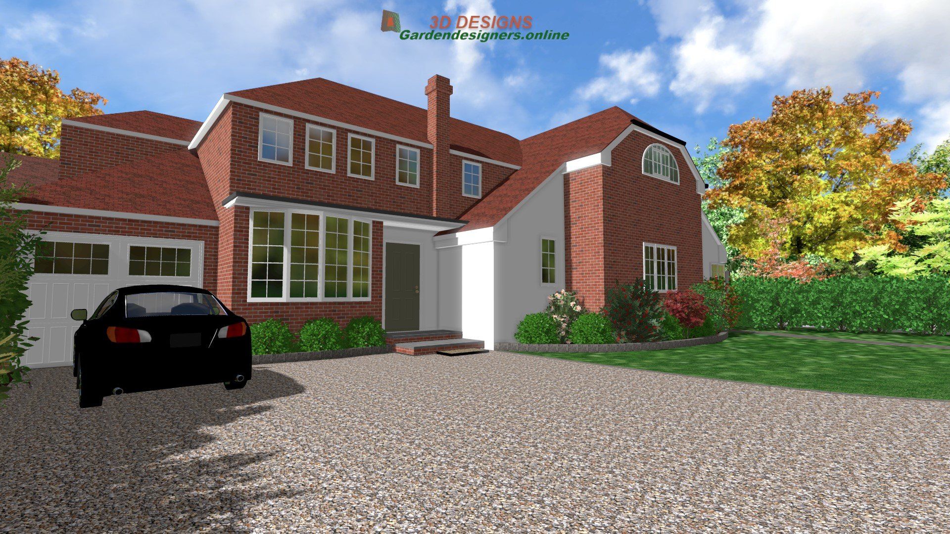 A car is parked in front of a large brick house