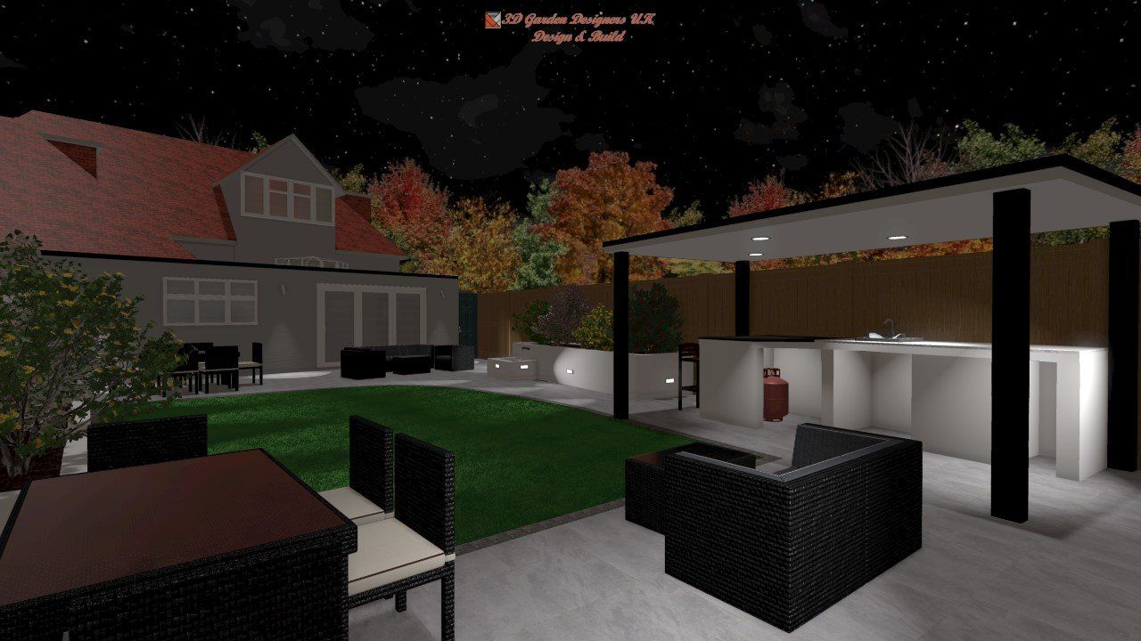 A computer generated image of a house at night