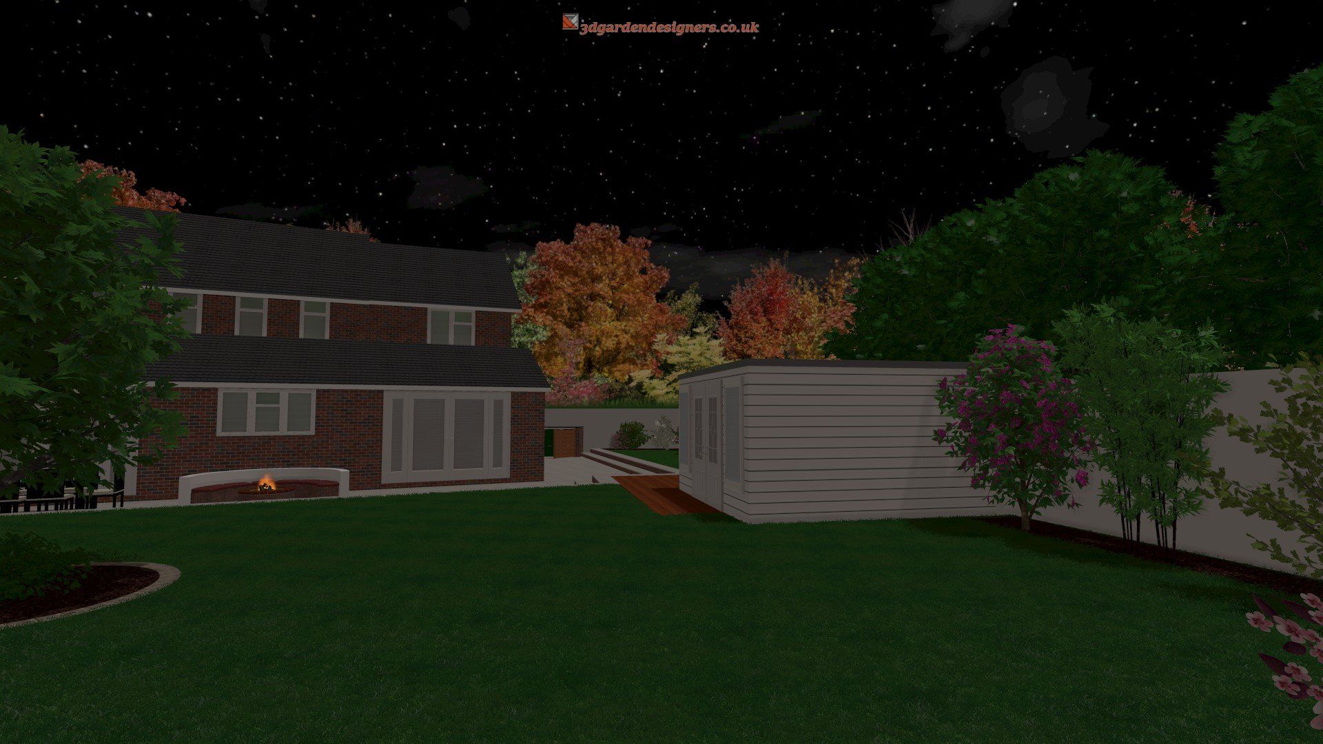 A computer generated image of a house and backyard at night