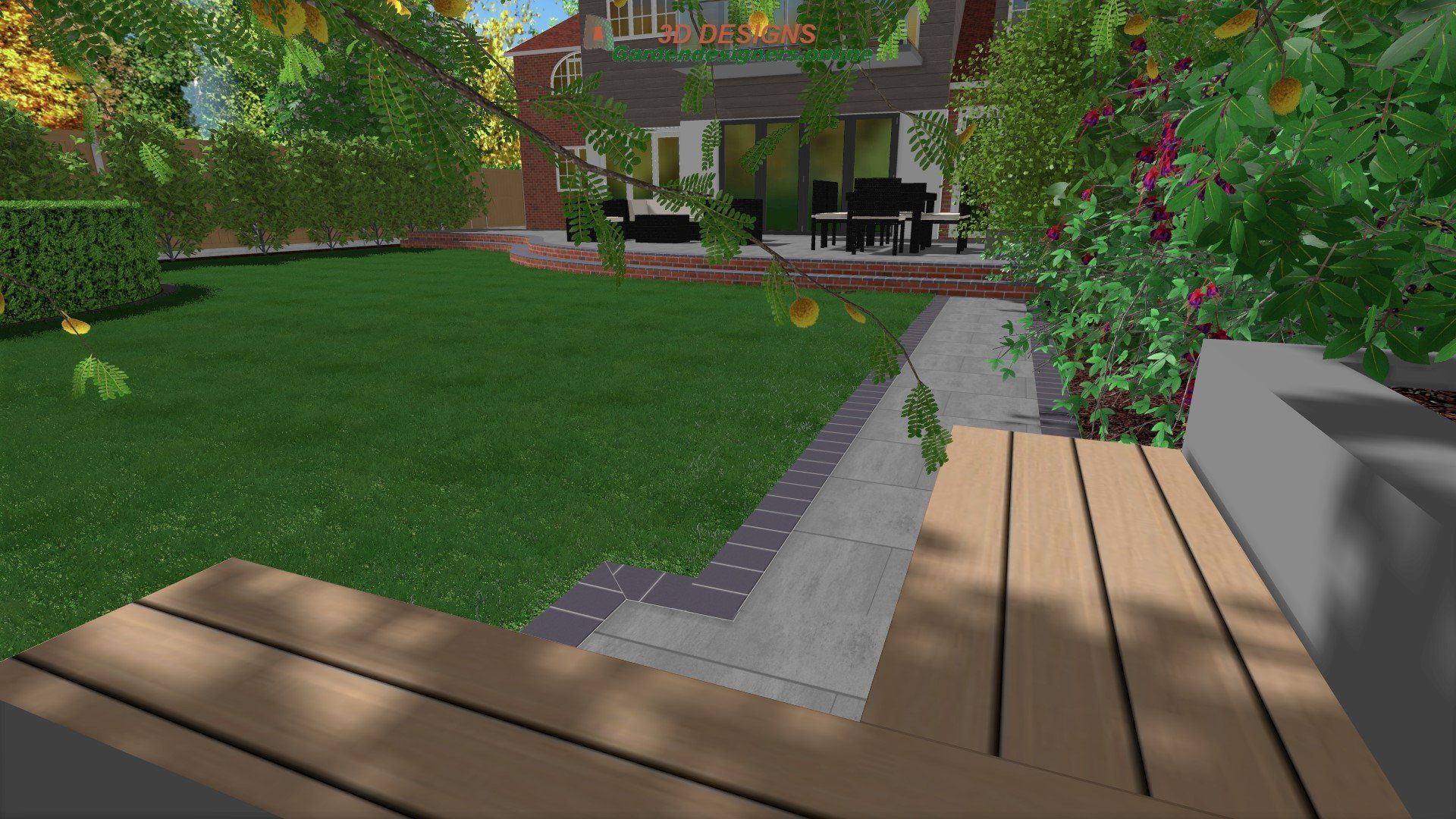 A computer generated image of a garden with a house in the background
