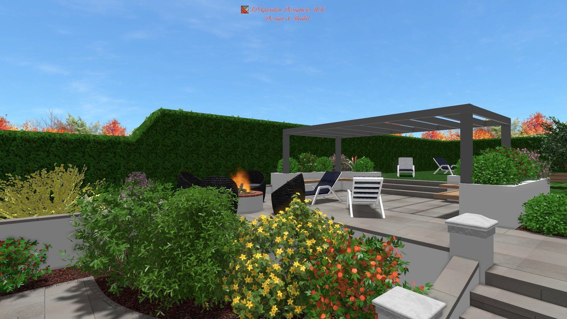 A computer generated image of a garden with a fire pit
