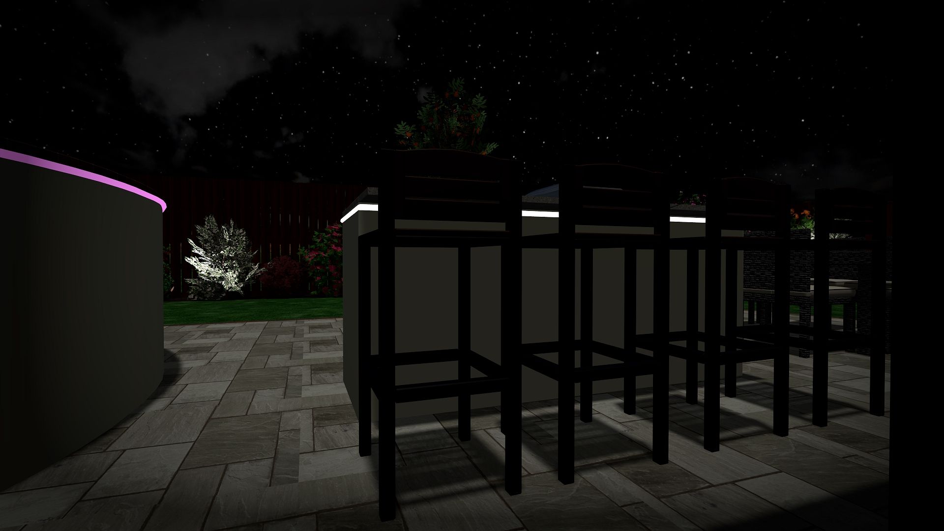 A row of bar stools are lit up at night on a patio.