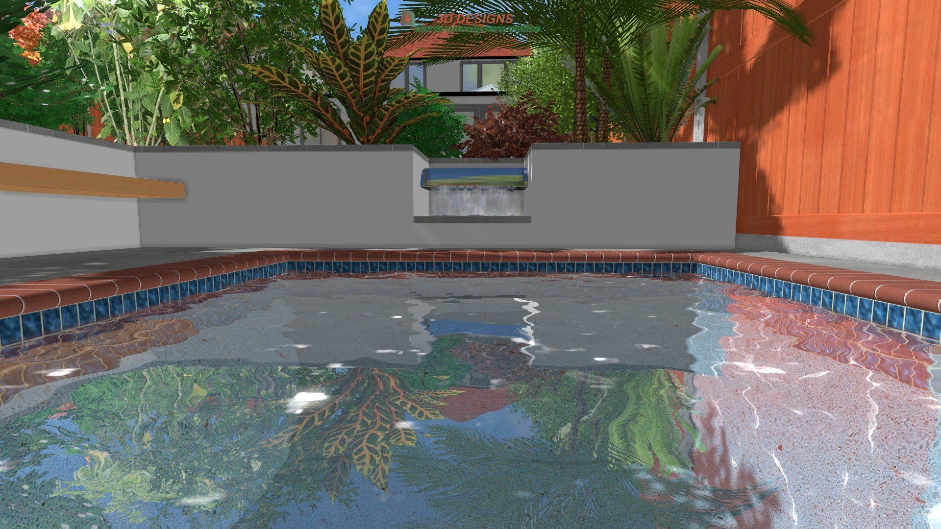 A computer generated image of a swimming pool with a house in the background.