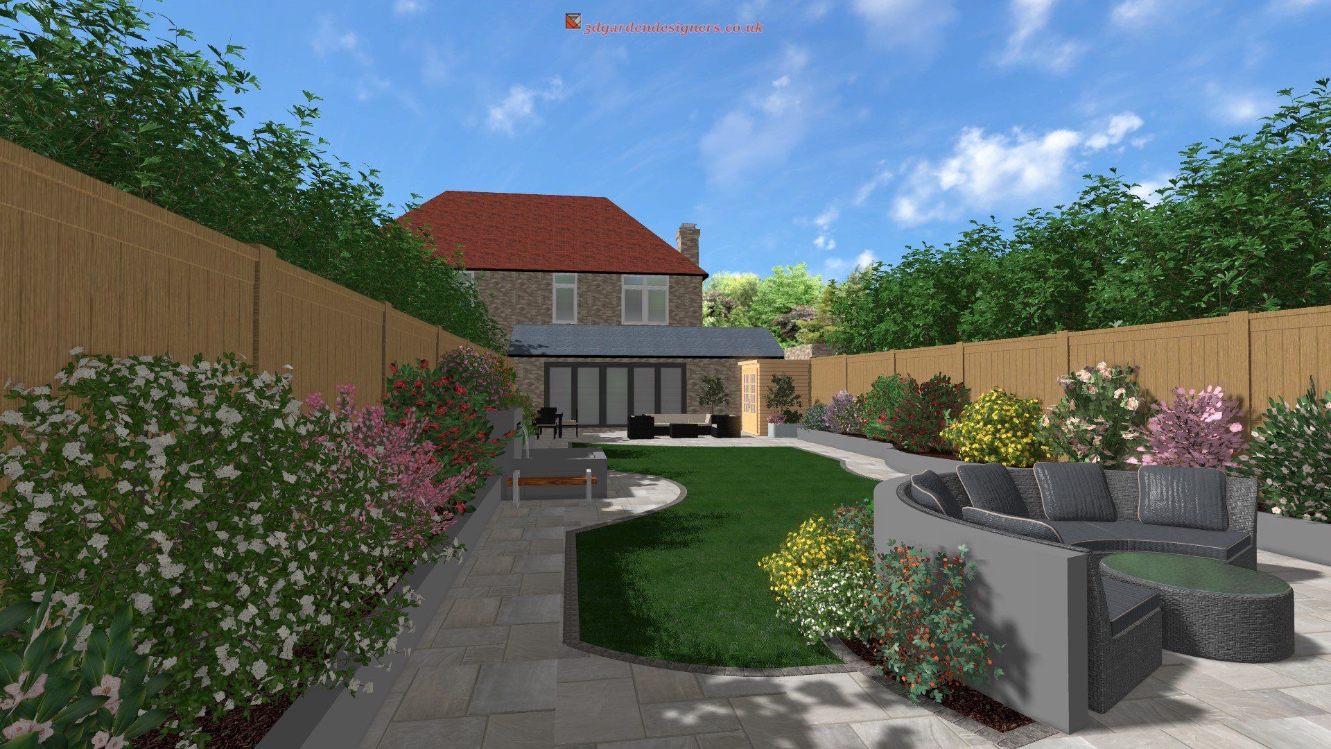 A computer generated image of a backyard with a house in the background.