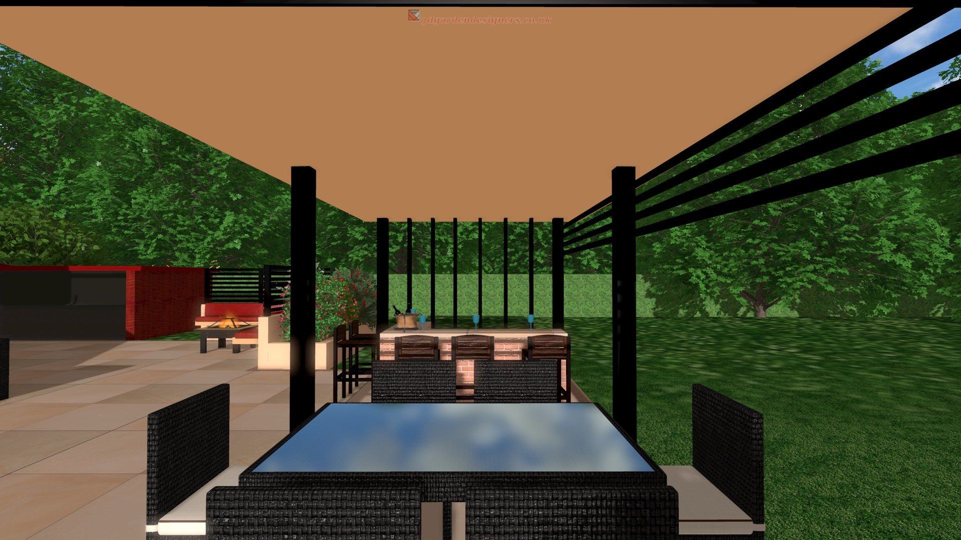 A computer generated image of a patio with a table and chairs.