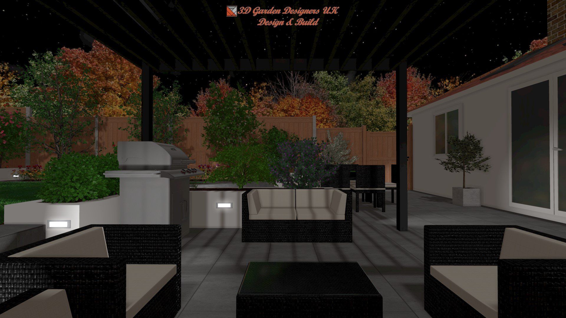 A computer generated image of a patio with furniture and a grill.
