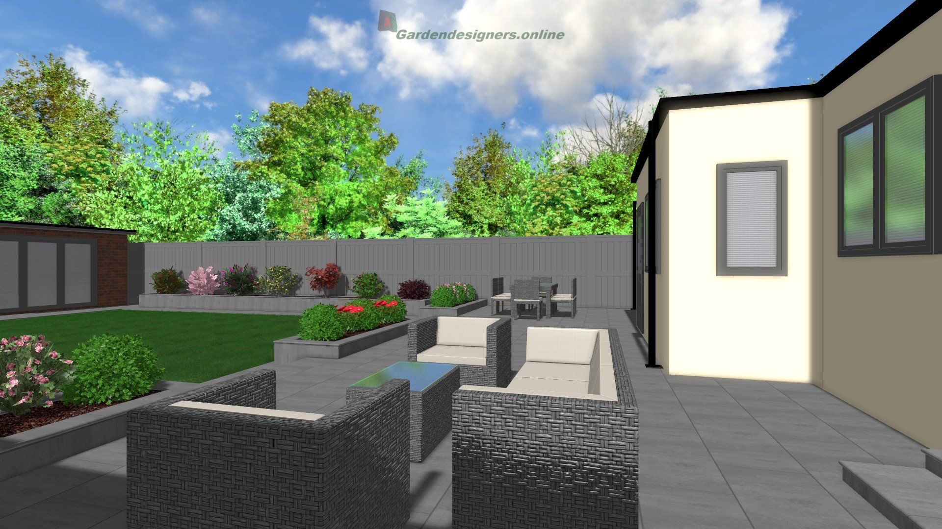 A computer generated image of a backyard with a table and chairs