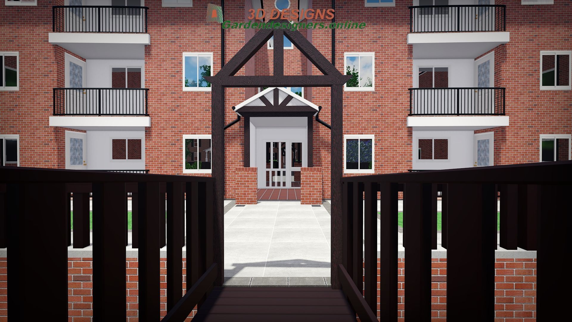 A brick building with balconies and a wooden fence in front of it.