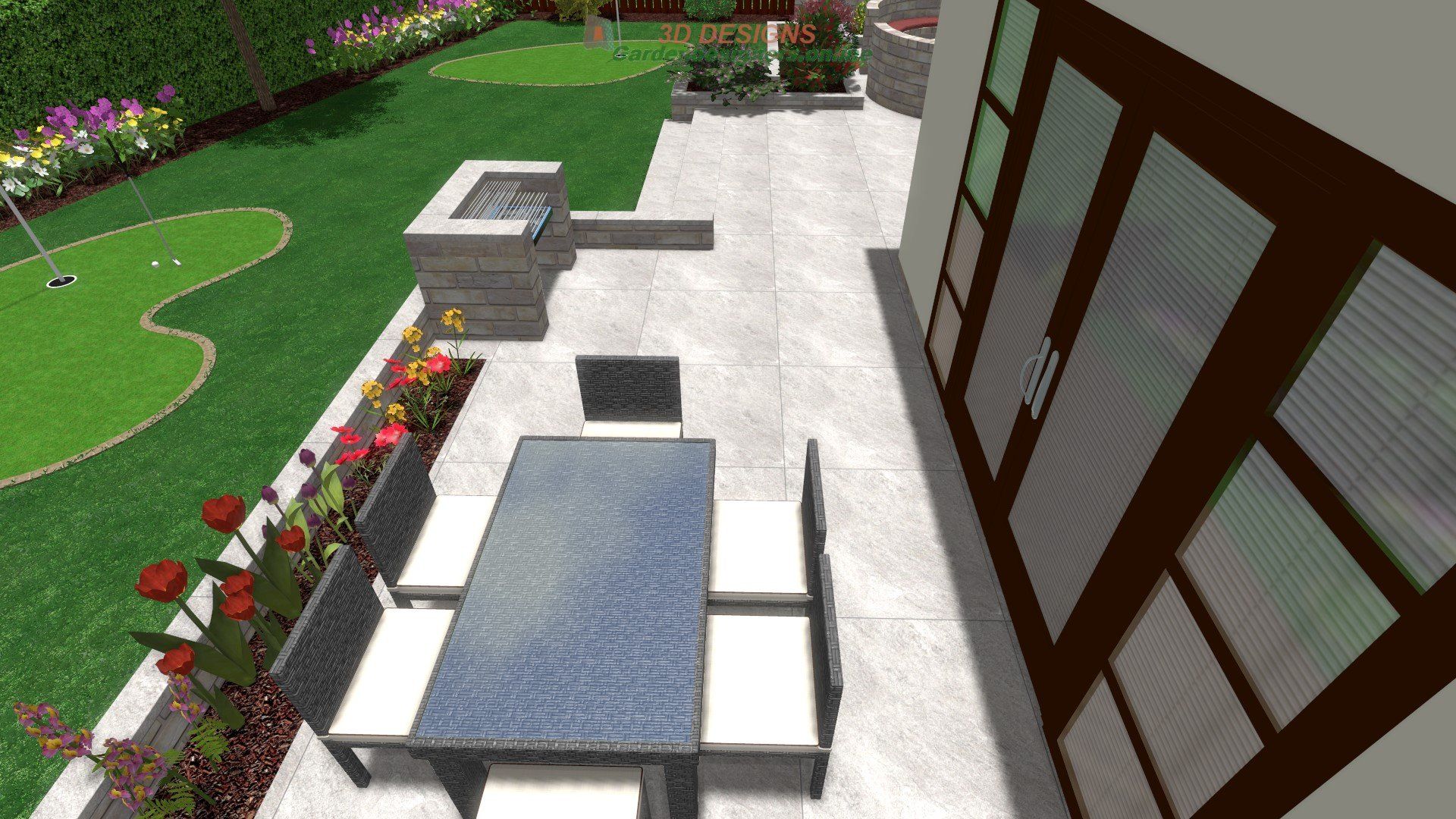 An aerial view of a patio with a table and chairs in a garden.