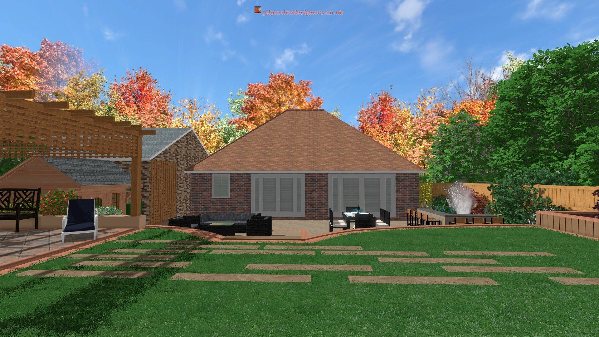 A computer generated image of a backyard with a house in the background.