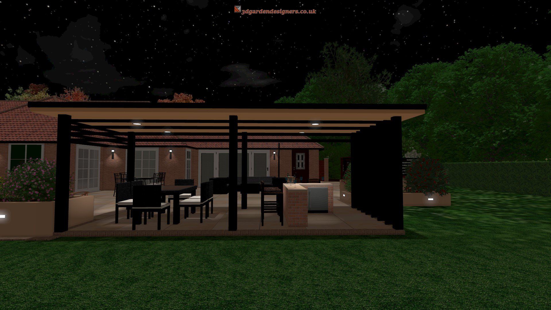 A computer generated image of a house with a patio at night.