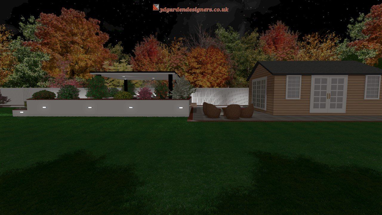 A computer generated image of a house at night with trees in the background.