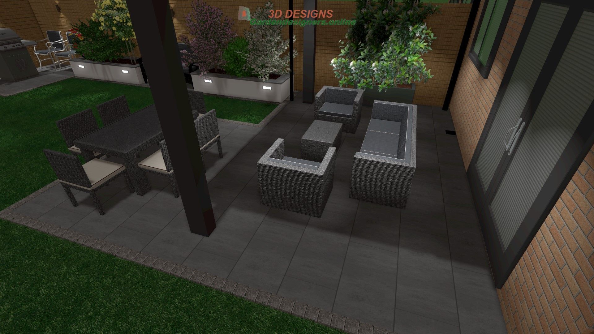 A computer generated image of a patio with a table and chairs.