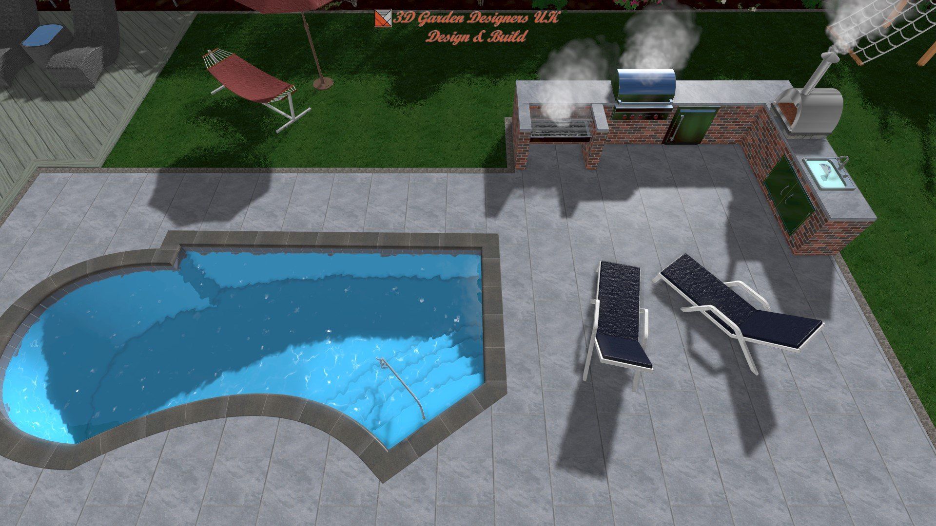 A computer generated image of a backyard with a swimming pool and chairs.