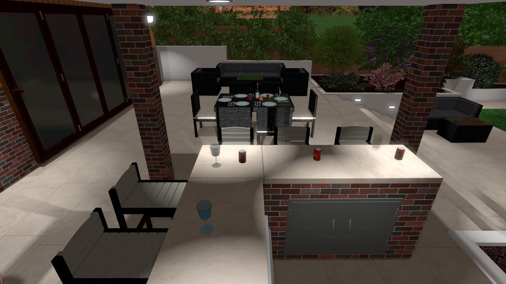 A computer generated image of a patio with a table and chairs