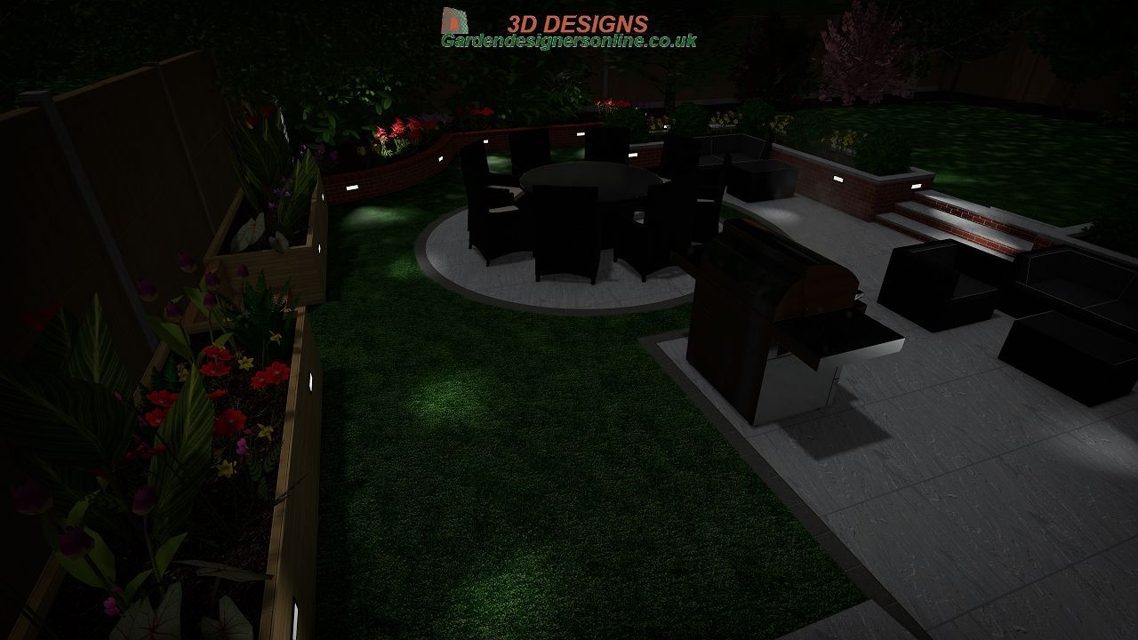 A 3d rendering of a garden at night with a table and chairs