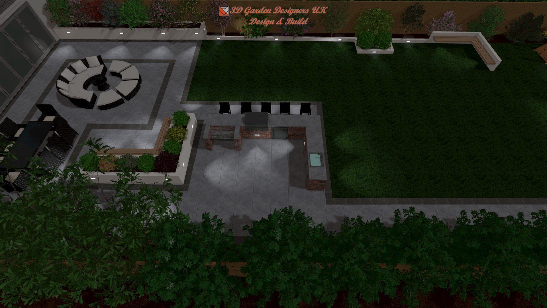 An aerial view of a patio with a fire pit and a table and chairs.