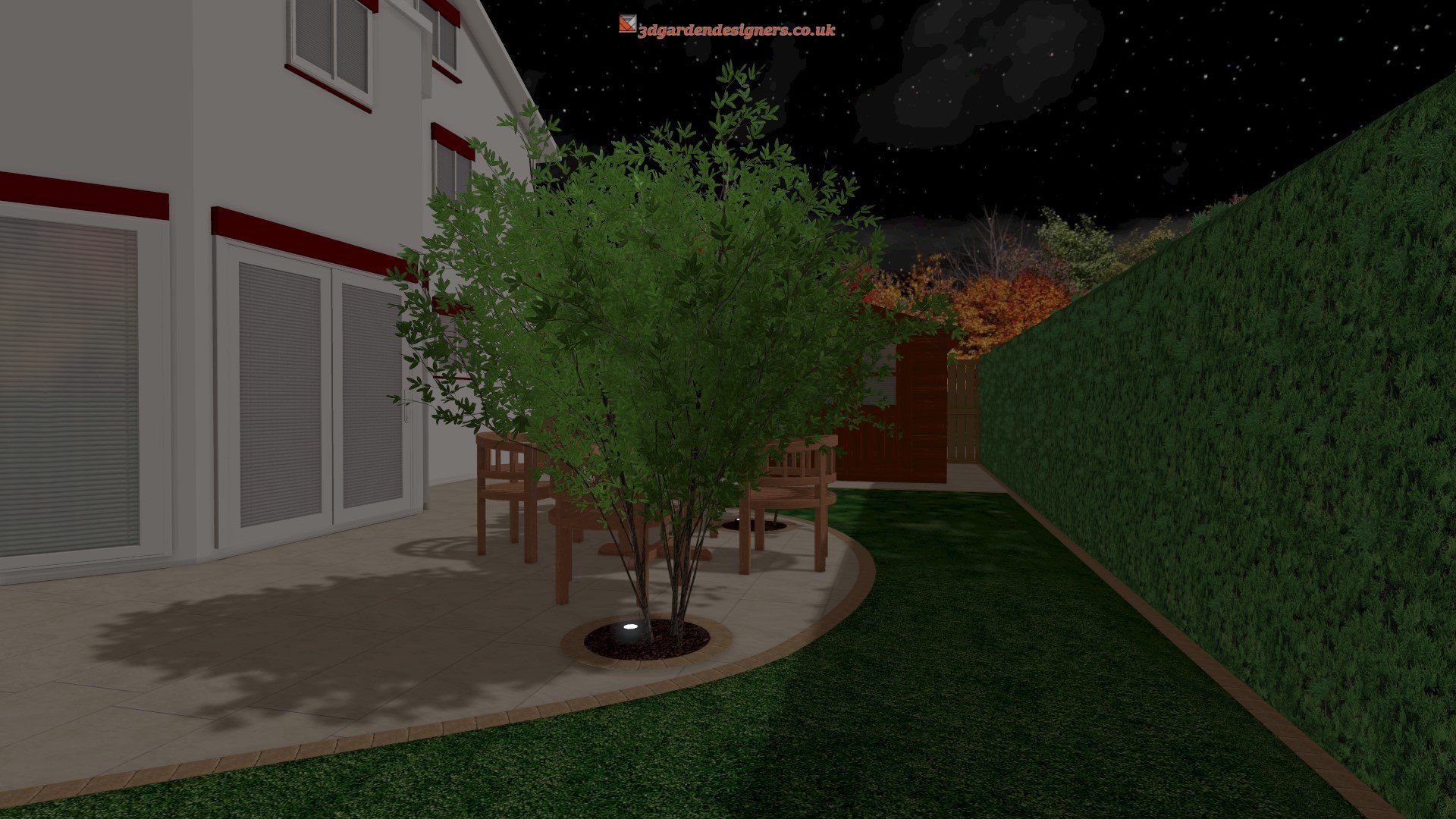 A computer generated image of a backyard at night with a tree and chairs.