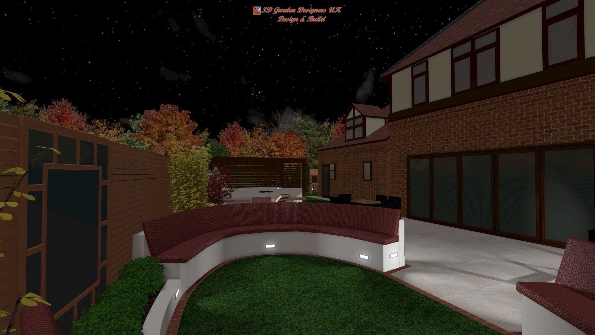 A computer generated image of a house at night