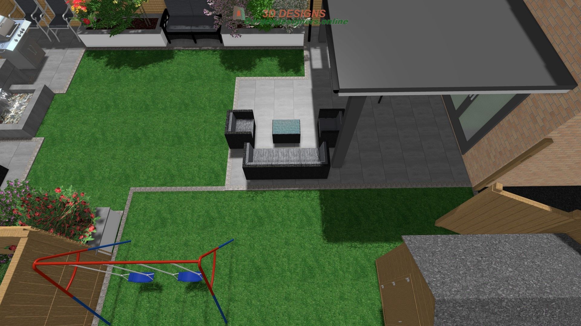 An aerial view of a backyard with a playground and a couch.
