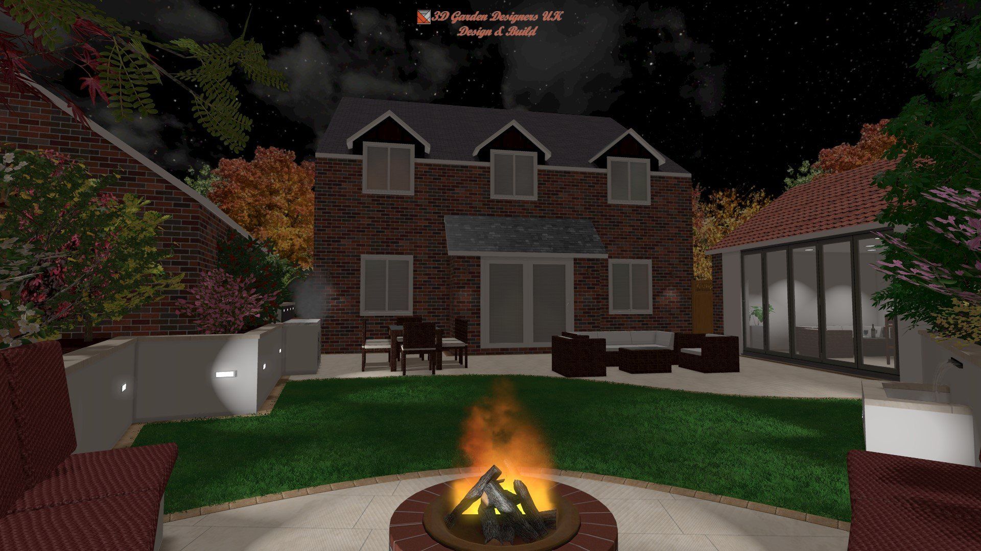 A computer generated image of a house with a fire pit in front of it