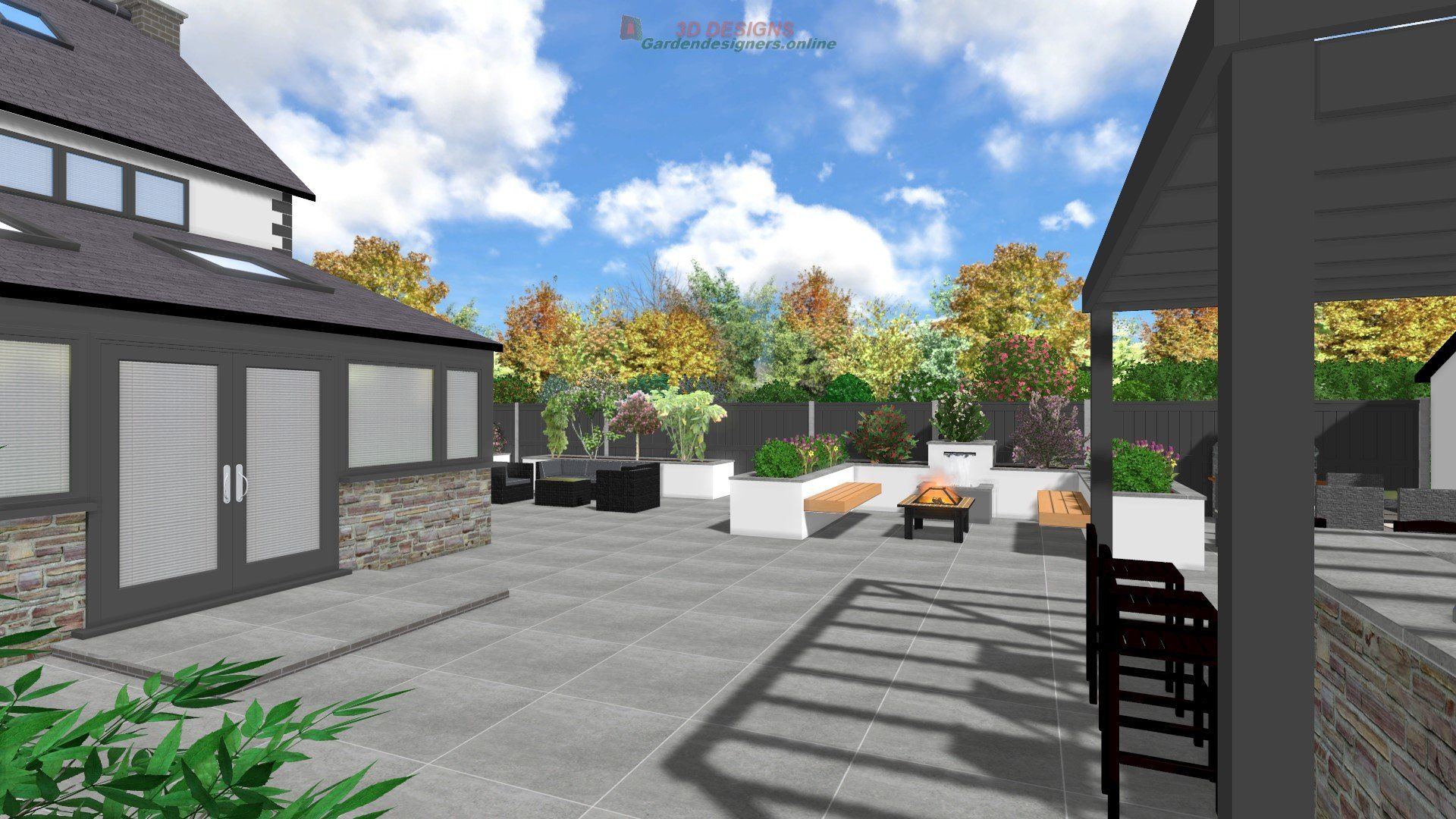 A computer generated image of a house with a patio and a bench.