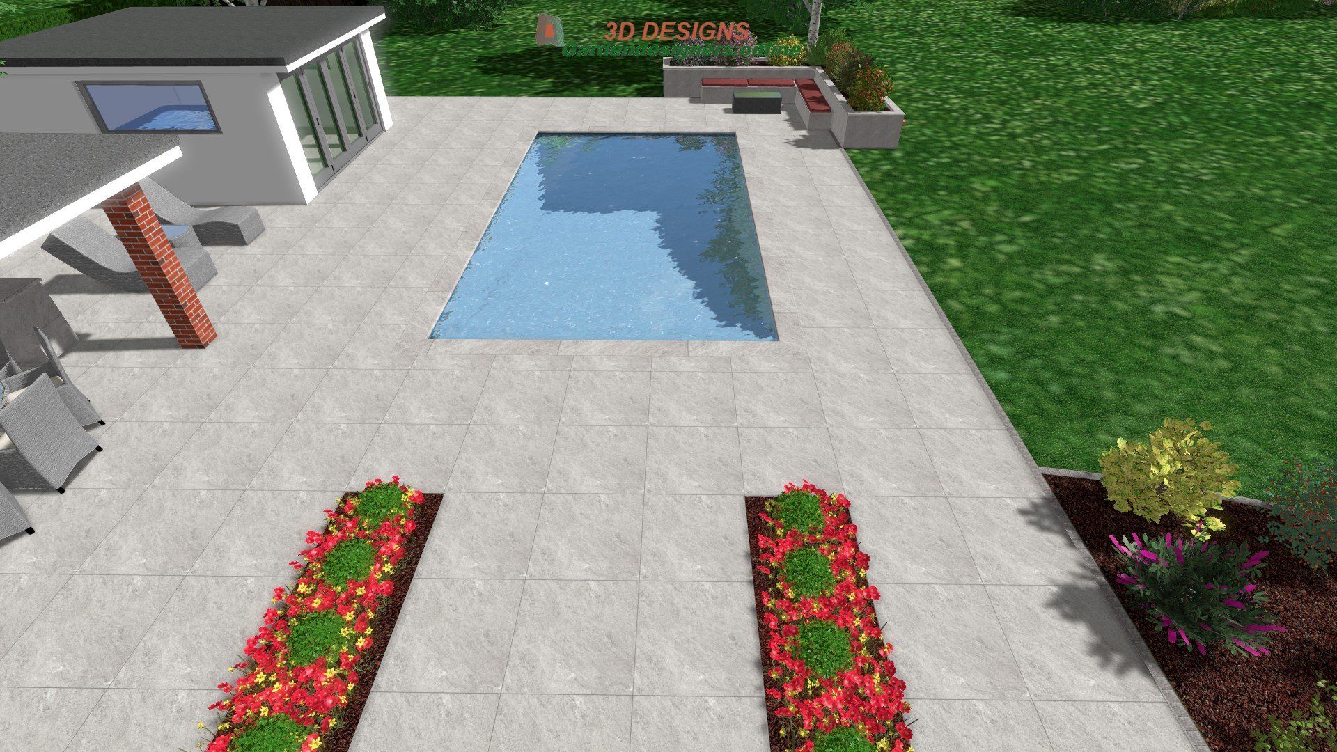 A computer generated image of a swimming pool in a backyard.