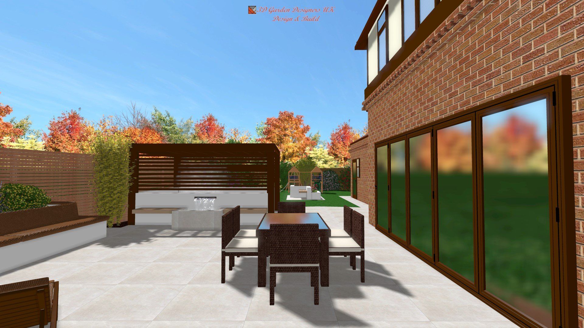 A computer generated image of a patio with a table and chairs