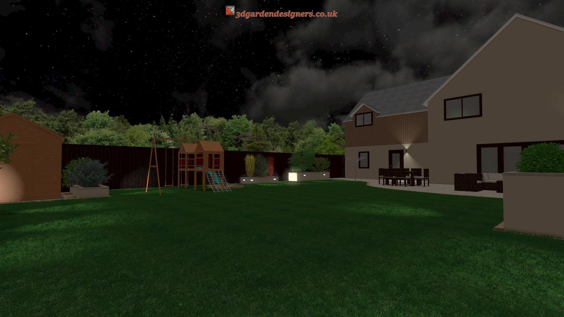 A 3d rendering of a house and backyard at night.