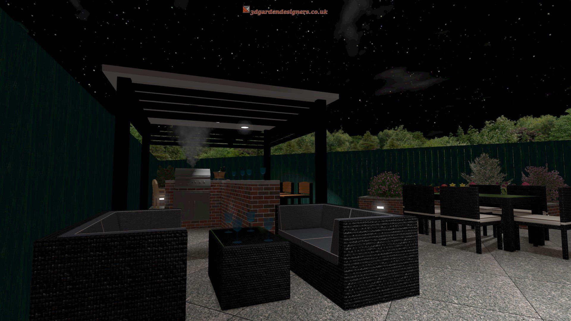 A computer generated image of a patio at night with furniture and a pergola.