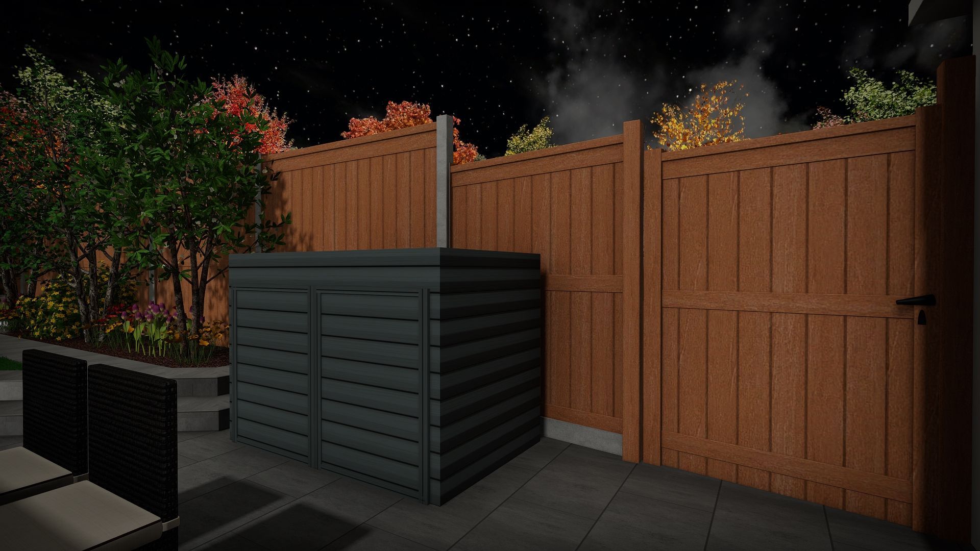 A wooden fence is surrounding a trash can in a backyard at night.