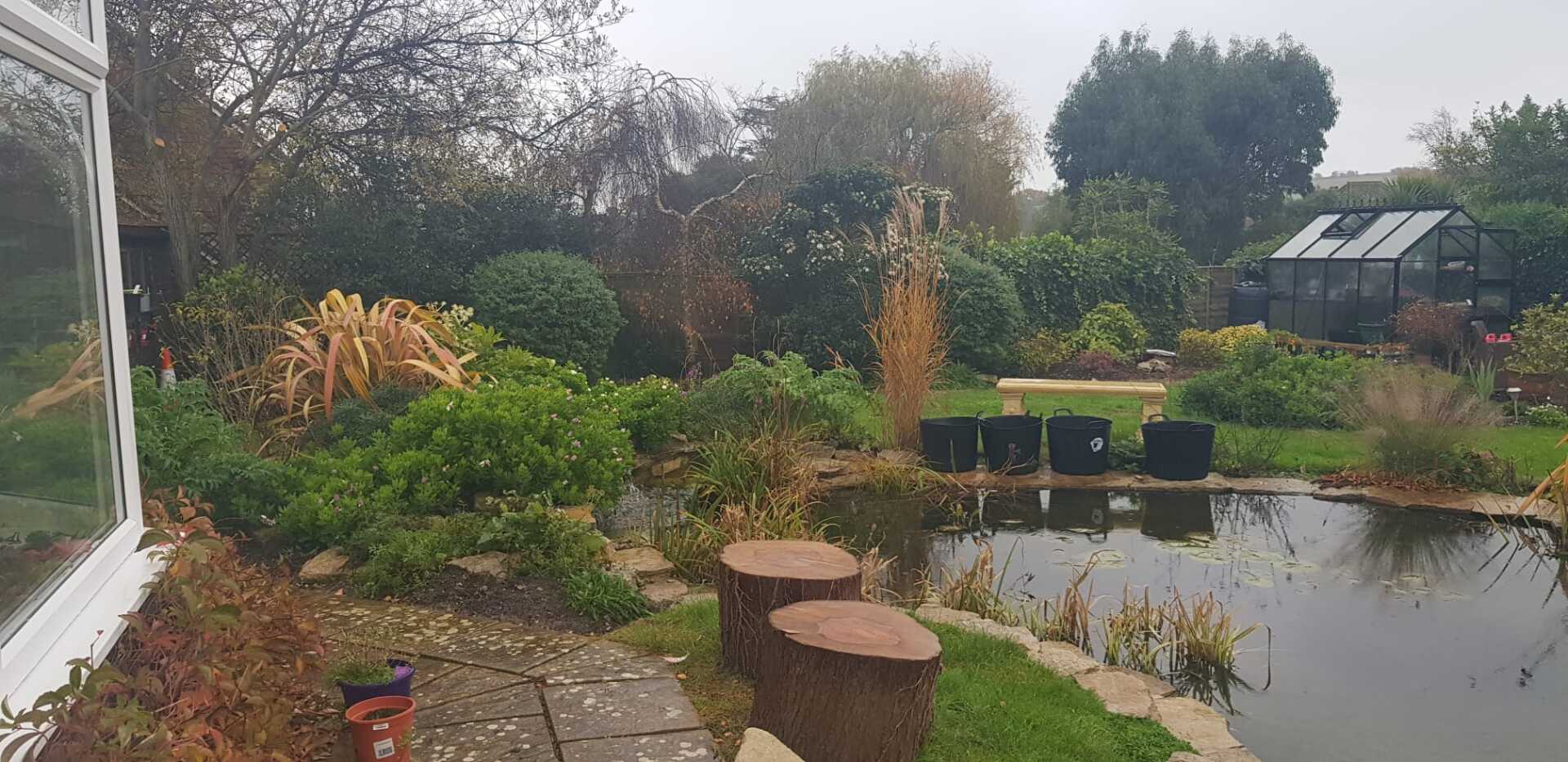 There is a pond in the middle of the garden.