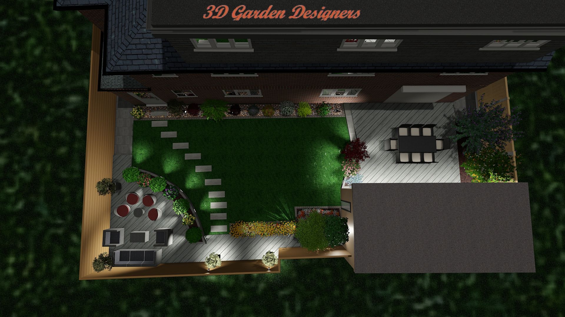 An aerial view of a garden with a house in the background