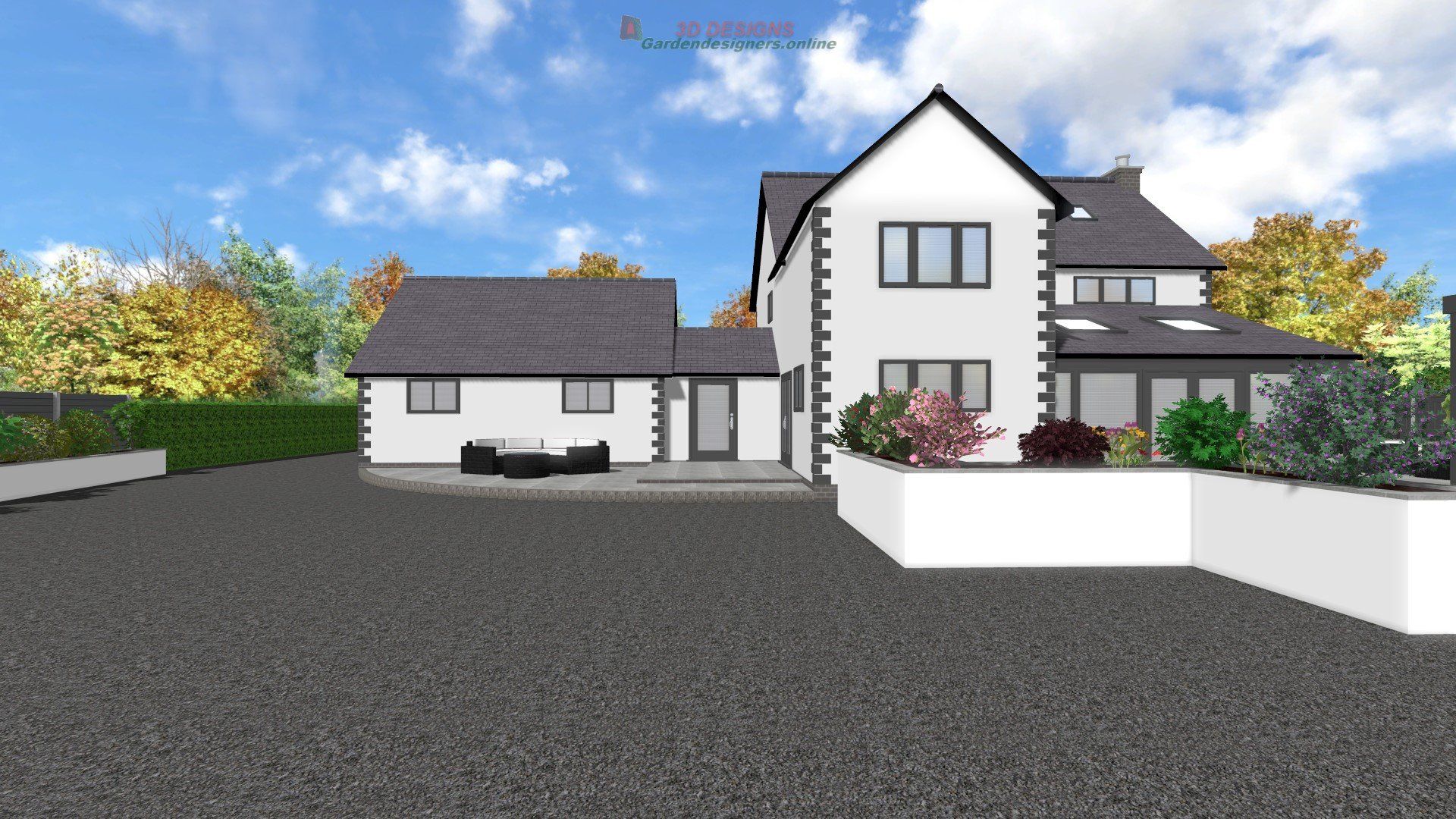 A computer generated image of a large white house