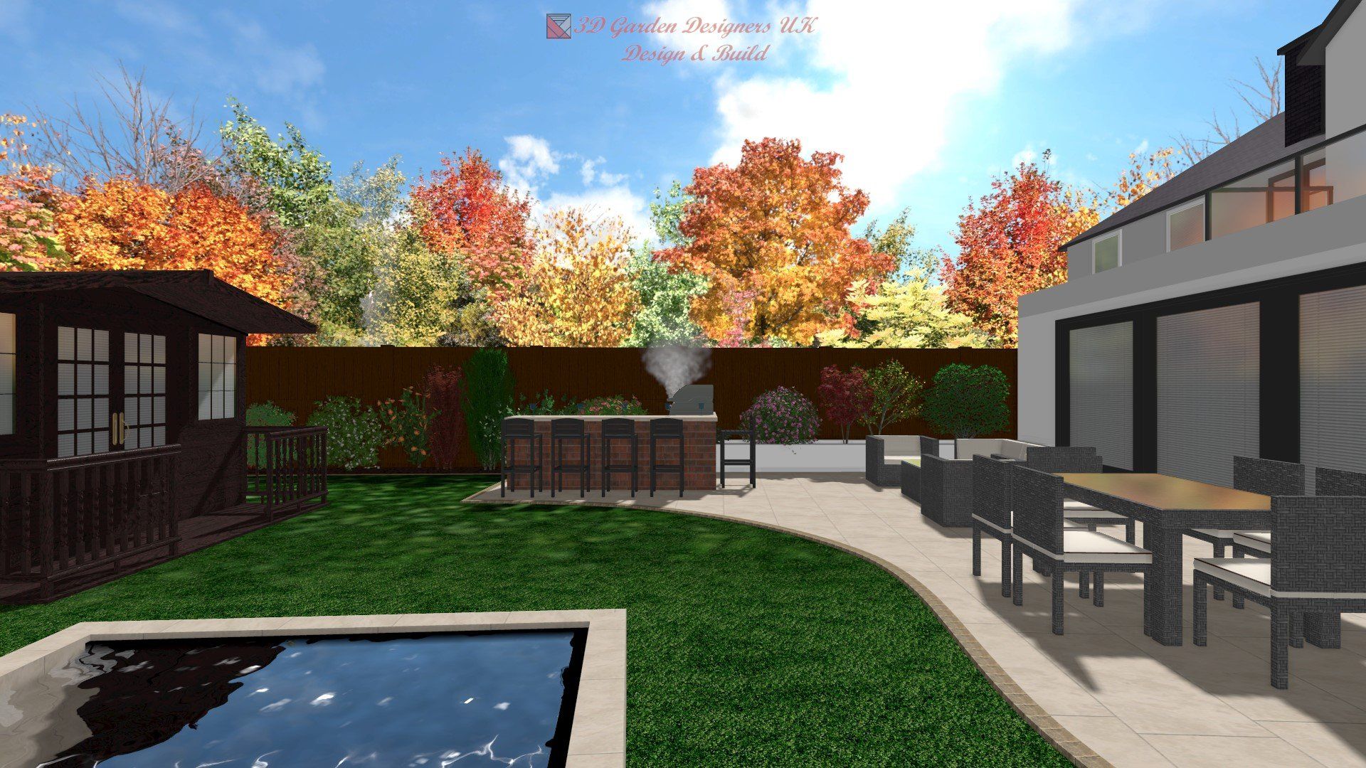 A computer generated image of a backyard with a pool , table and chairs.