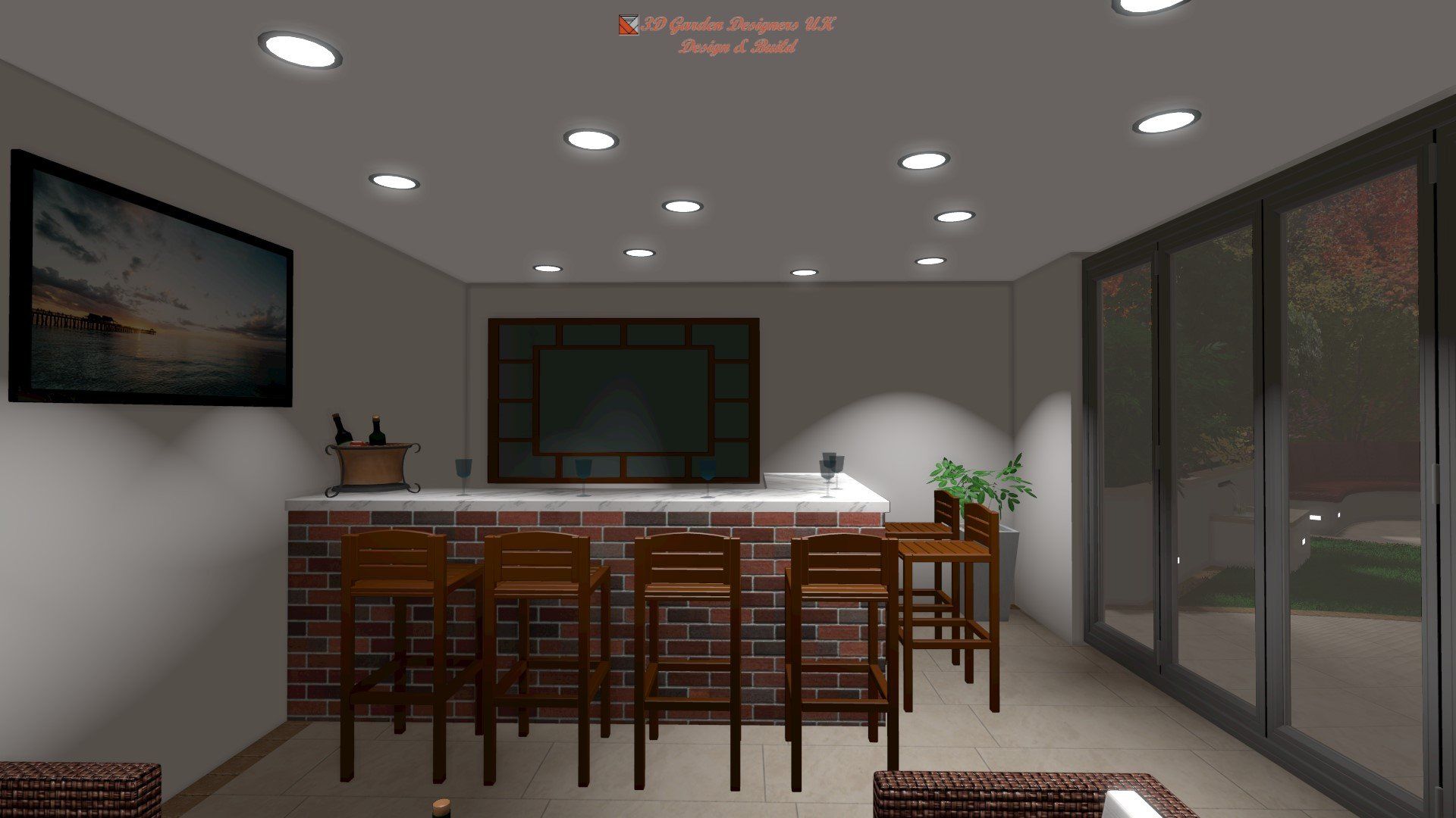 A living room with a brick bar and stools