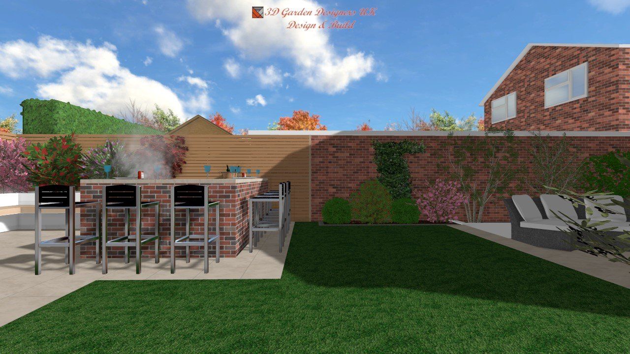 A computer generated image of a backyard with a brick wall