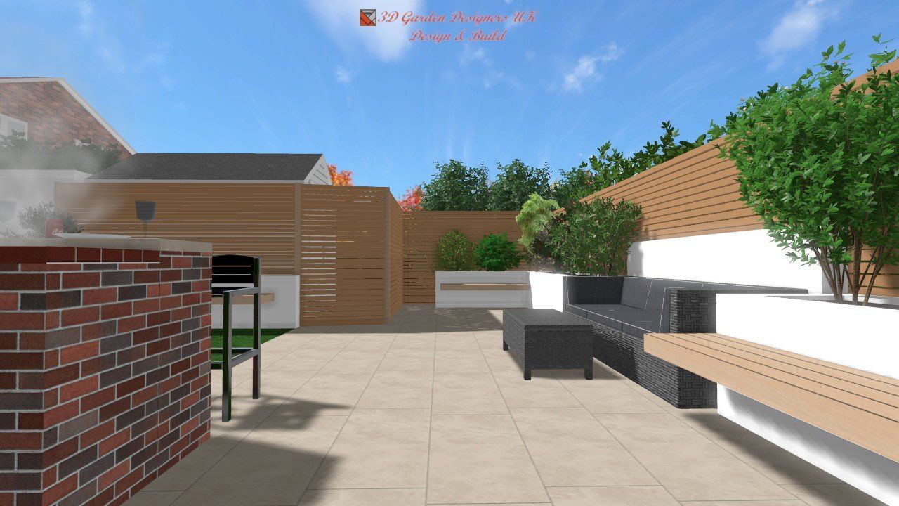 A computer generated image of a patio with a brick wall