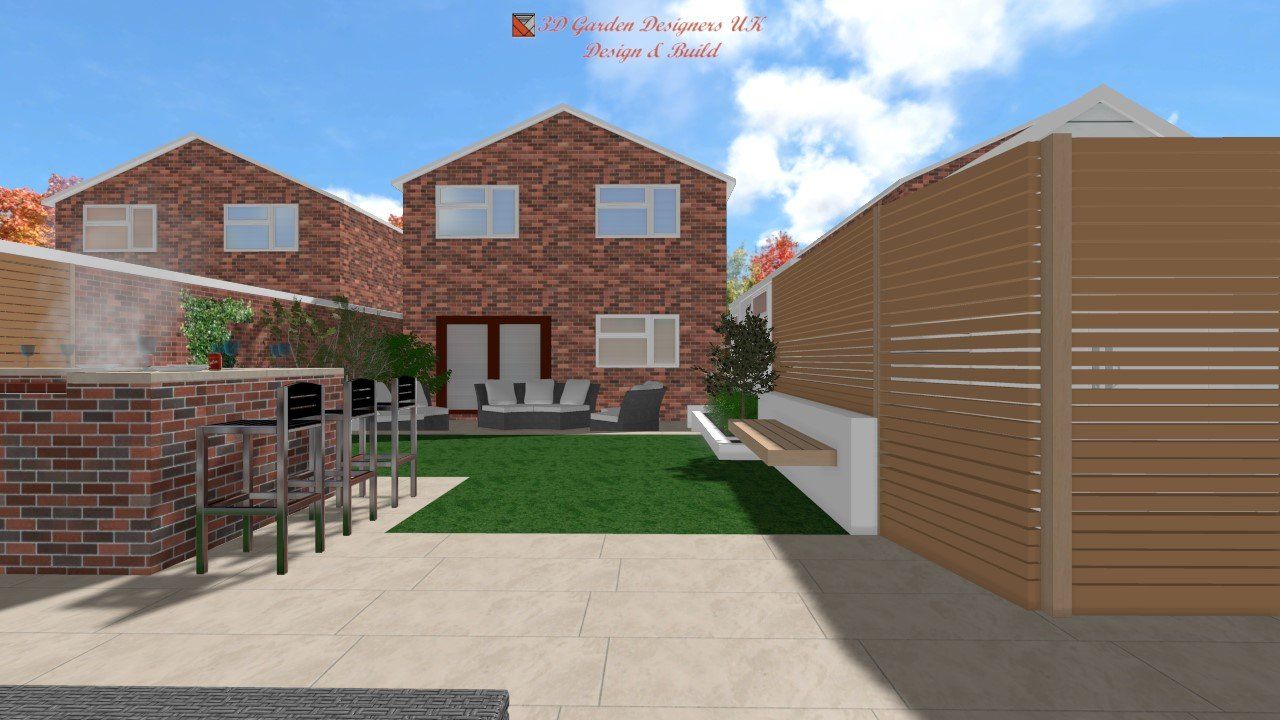 A computer generated image of a backyard with a brick house in the background
