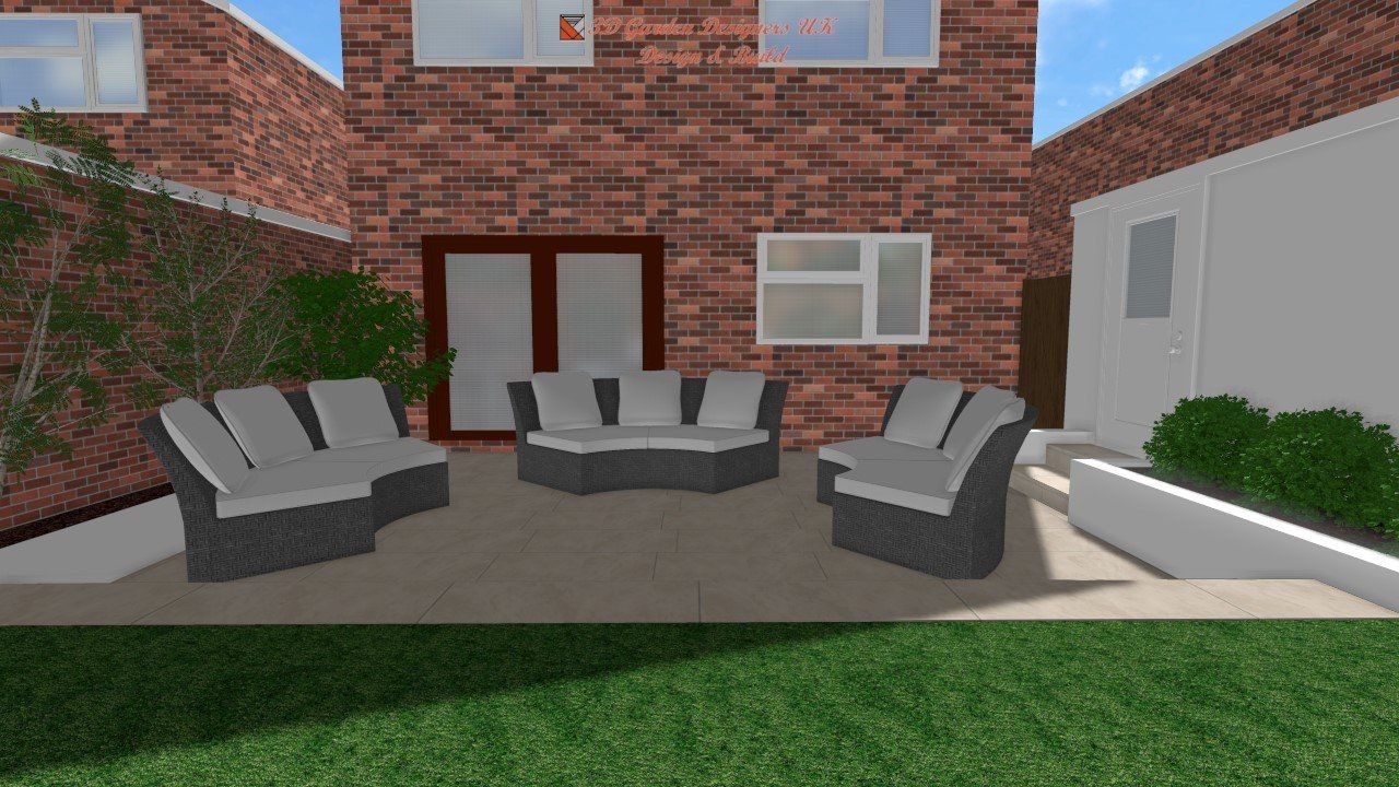 A computer generated image of a backyard with patio furniture and a brick building.