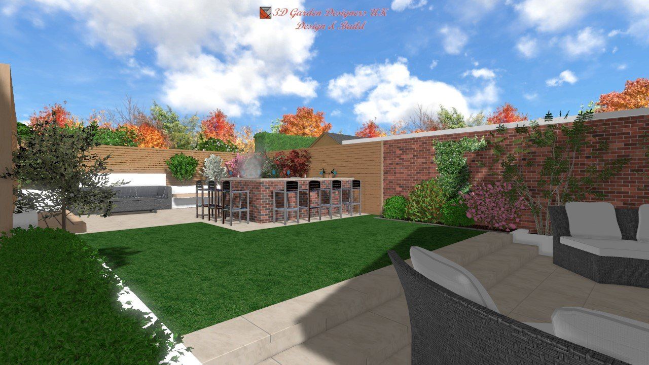 A computer generated image of a backyard with a table and chairs