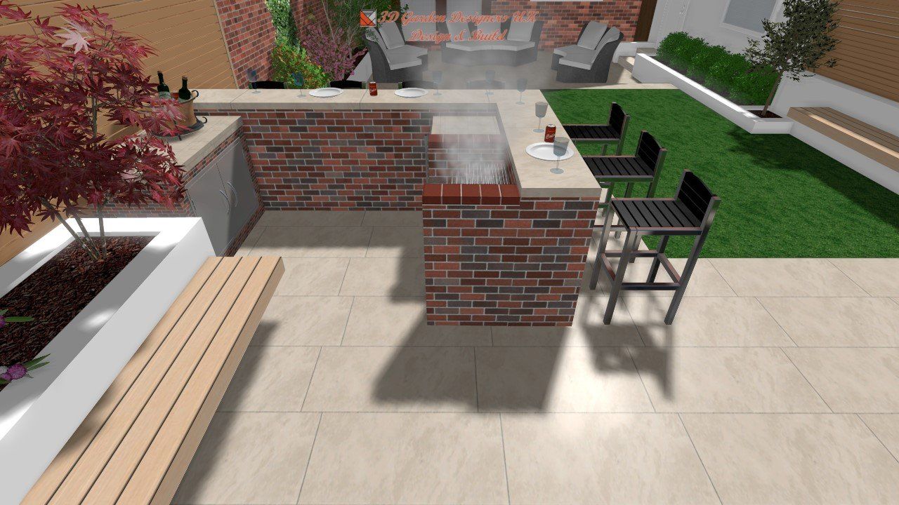 A 3d rendering of a backyard with a brick bar and chairs