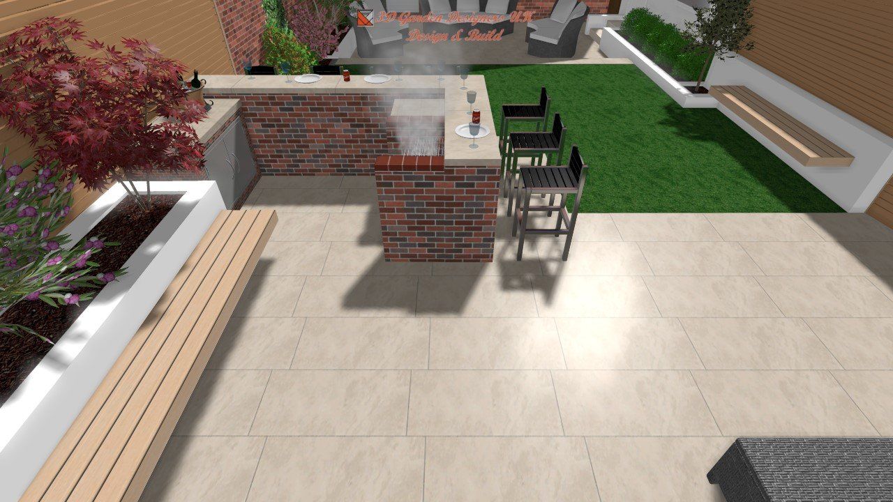 A computer generated image of a backyard with a brick grill