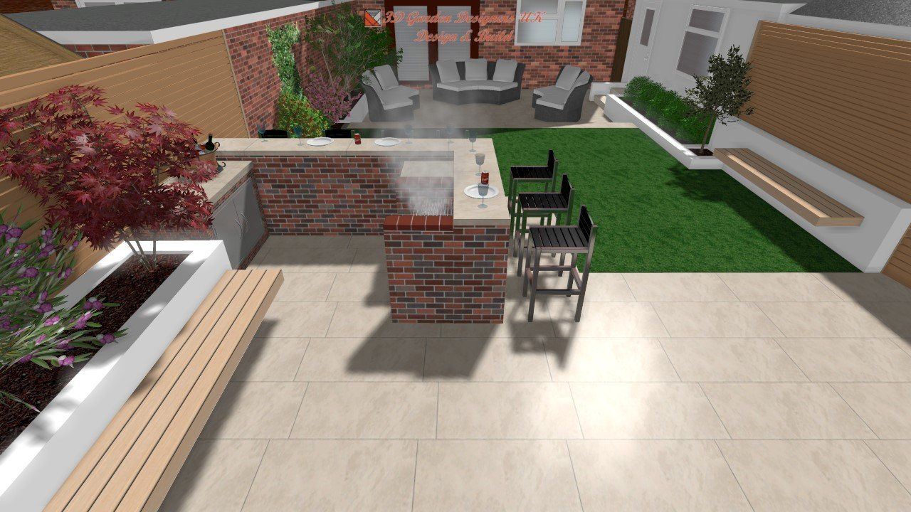 A computer generated image of a backyard with a brick wall and a table and chairs.