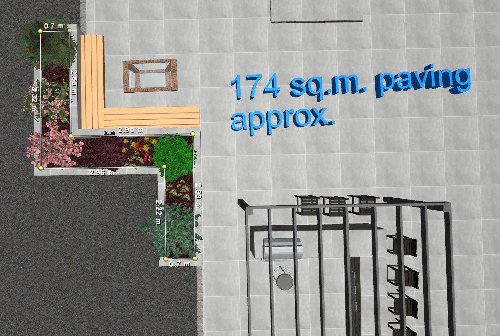 An aerial view of a building with 174 sq.m. paving approx.