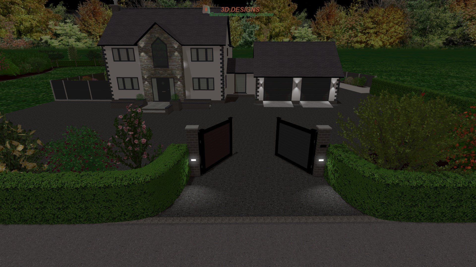 A computer generated image of a house and driveway at night.