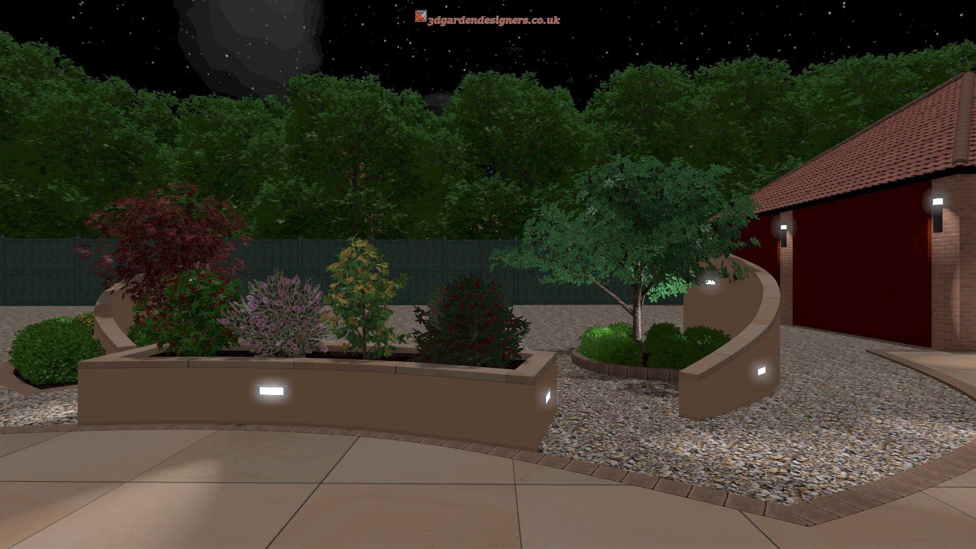 the design A computer generated image of a garden at night.