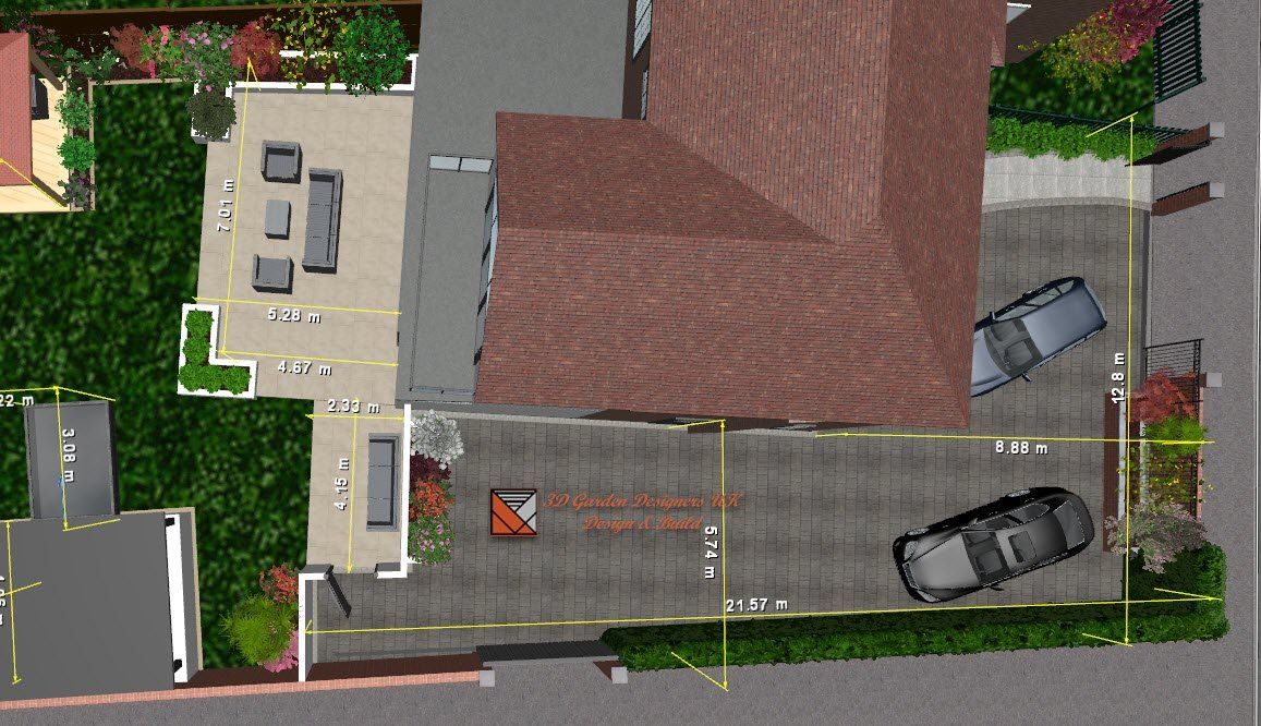 An aerial view of a house with cars parked in front of it