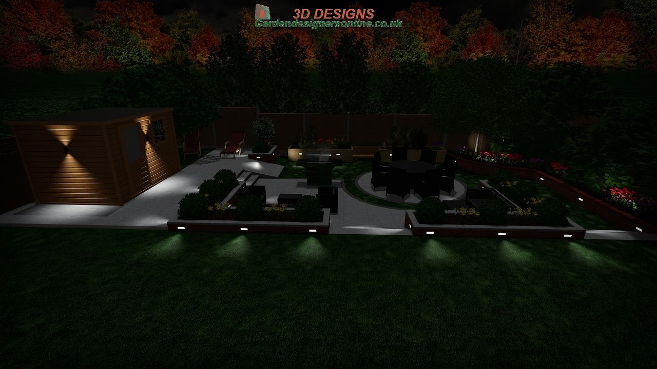 A 3d rendering of a garden at night with lots of lights.